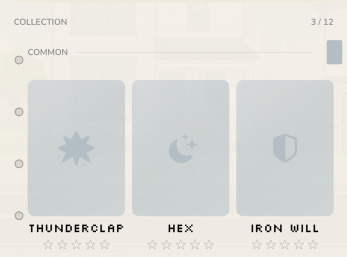 The Binder — the Common page of the collection view, showing three cards: Thunderclap, Hex, and Iron Will.