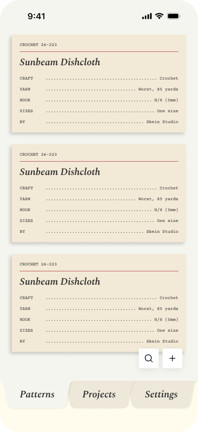 New Patterns list, cream surface, three call-number cards in Spectral italic with dotted-leader metadata, white square search and add buttons, folder-tab bottom nav.