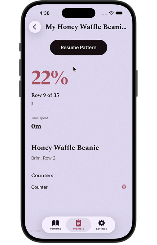 Old Project details, lavender background, giant 22% statistic, dark Resume Pattern button, generic Counters section.